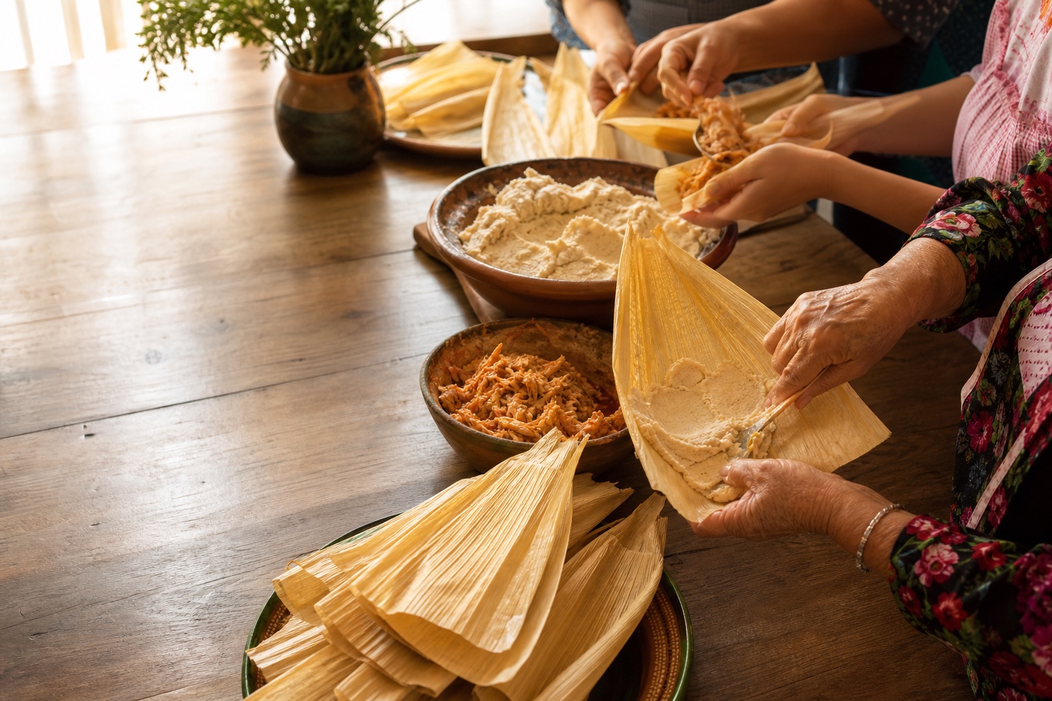 Several generations prepare tamales together with wide corn husks, masa, and filling on a wooden table.